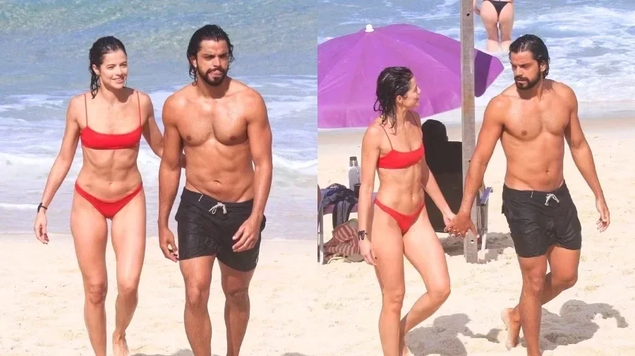 Ágatha Moreira e Rodrigo Simas, biquíni vermelho em dia de praia na Barra