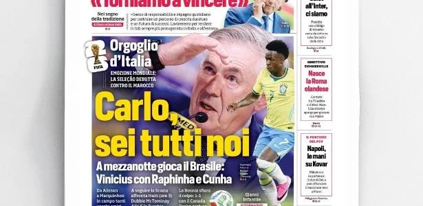 Ancelotti na capa do Corriere: orgulho da Itália em foco