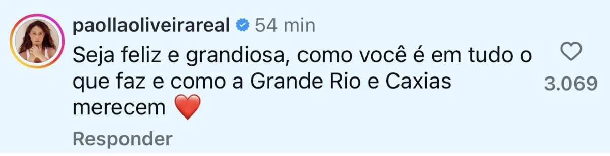 Anitta vira rainha da Grande Rio e recebe elogio de Paolla Oliveira