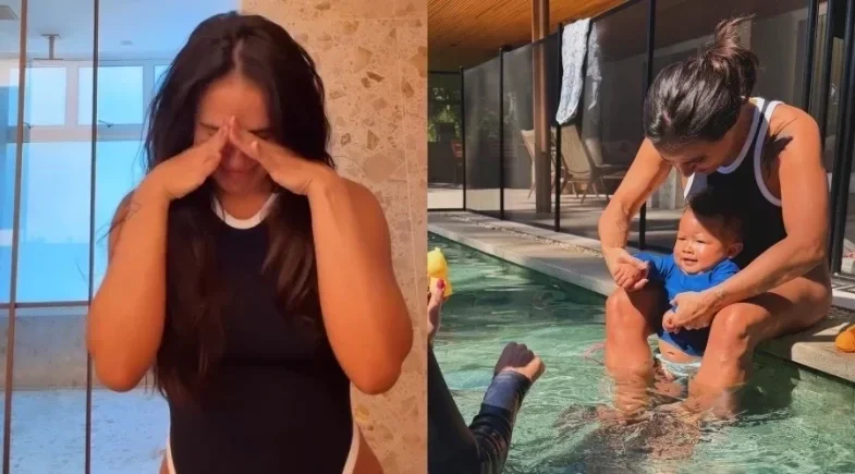 Carol Peixinho celebra primeira aula de natação do filho Bento