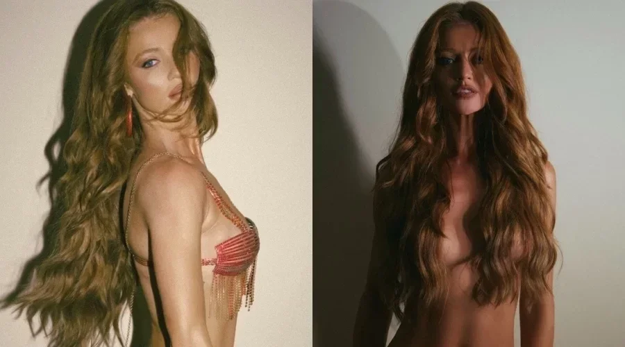 Cintia Dicker posa de topless e mostra biquíni de strass