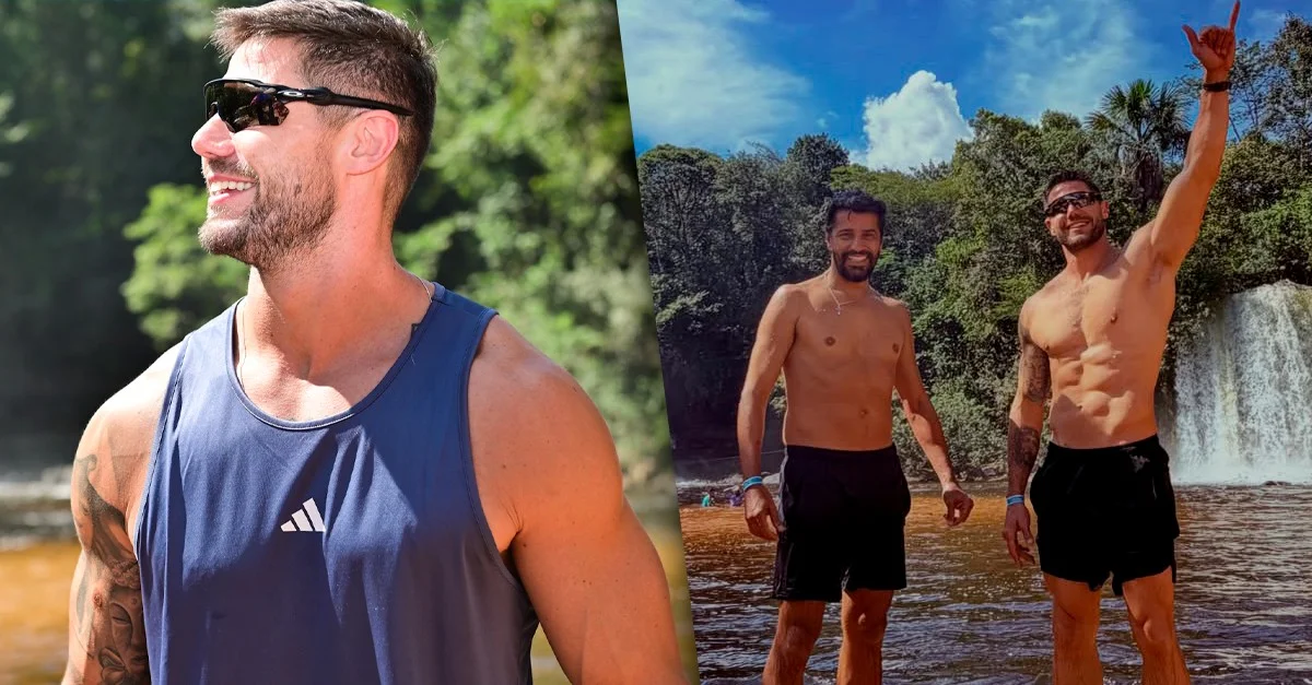 Jonas Sulzbach e Alberto Cowboy exibem físico na cachoeira