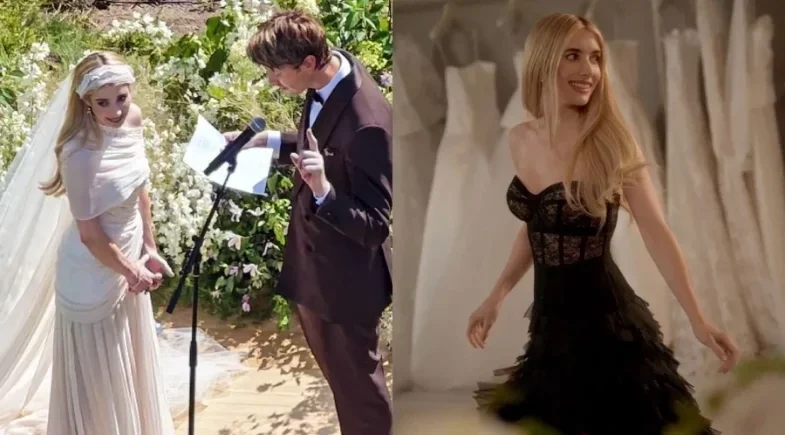 Emma Roberts usa vestido rosa antigo assinado por Monique Lhuillier