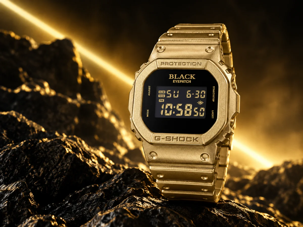 G-Shock DW-5600BEP-9: collab BlackEyePatch com bezel dourado