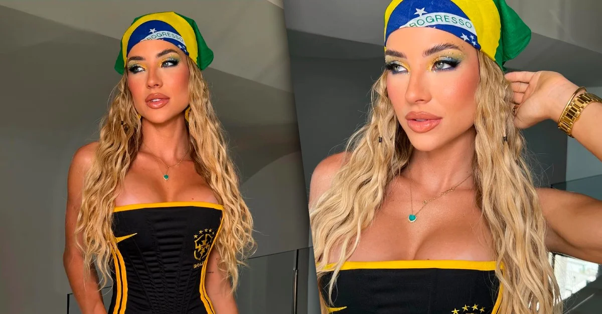 Gabi Martins usa corset decotado com escudo da Seleção