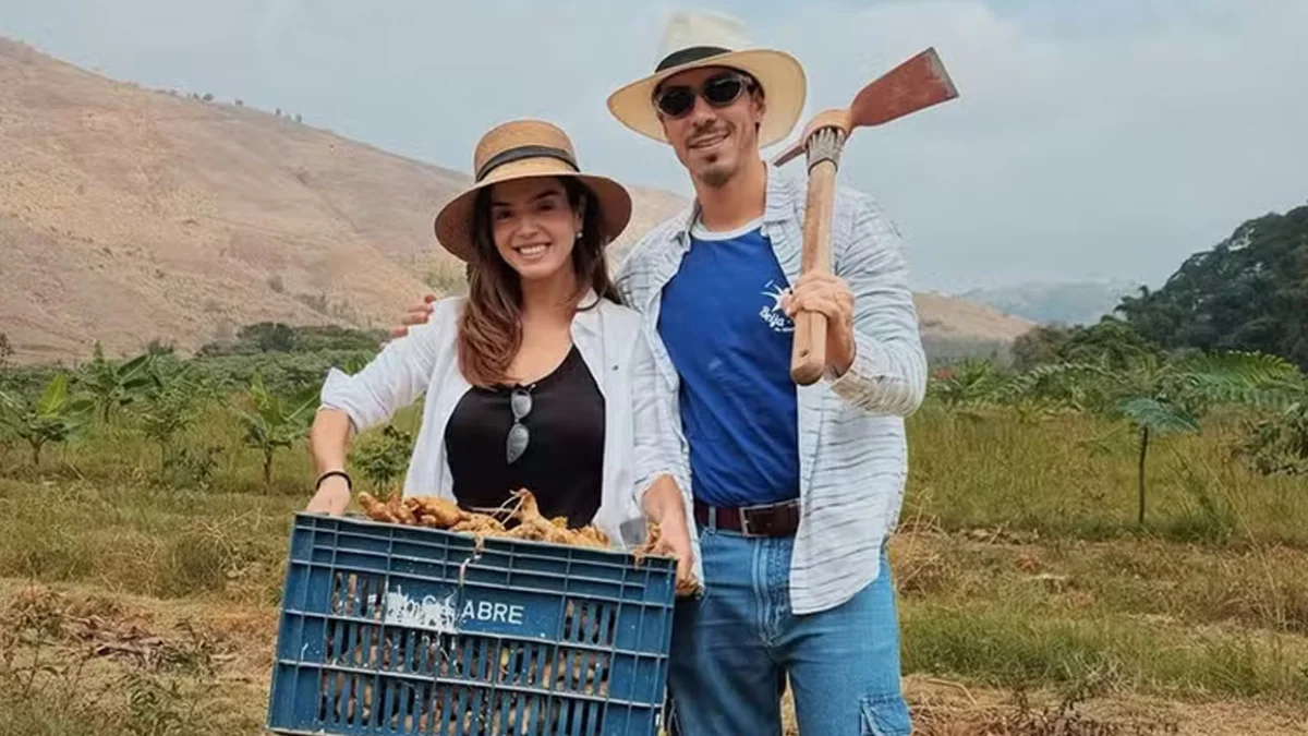 Giovanna Lancellotti colhe açafrão-da-terra ao lado do marido