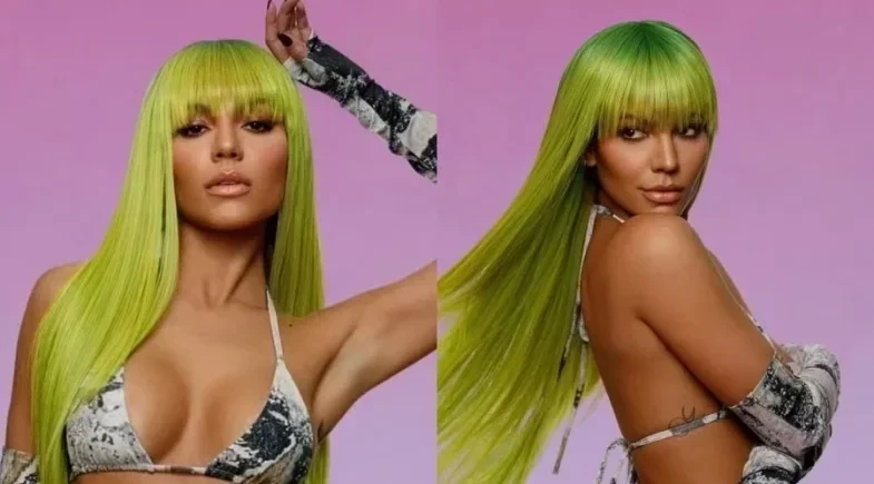 Hariany Almeida surge irreconhecível com peruca verde‑neon