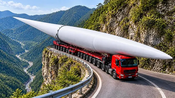 Lâmina de turbina erguida quase a 90° para vencer estrada montanhosa