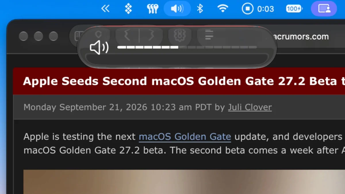 macOS 27.2: sliders de volume e brilho ganham barra segmentada