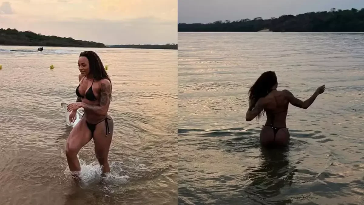 Patrícia Ramos exibe supercoxas na praia e chama atenção