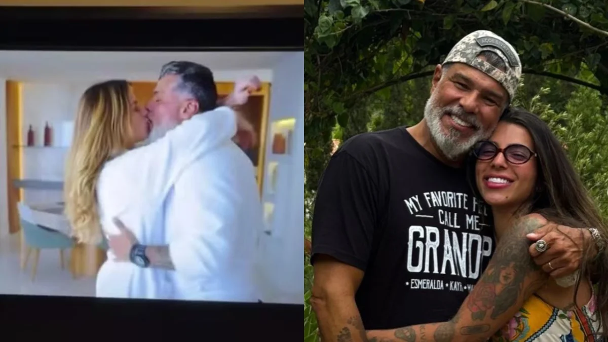 Petra Mattar reage com caretas a cena romântica do pai