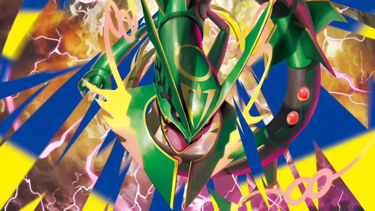 Pokémon TCG Delta Reign: Mega Rayquaza ex Ultra Rare é cortado