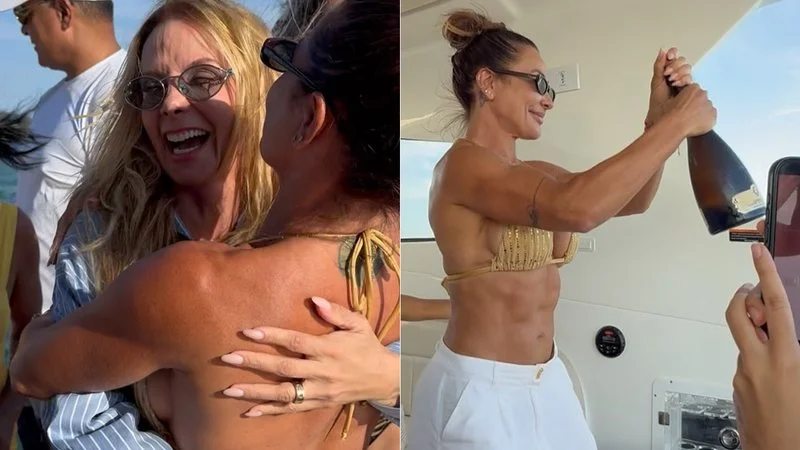 Scheila Carvalho celebra 53 anos em barco com Carla Perez