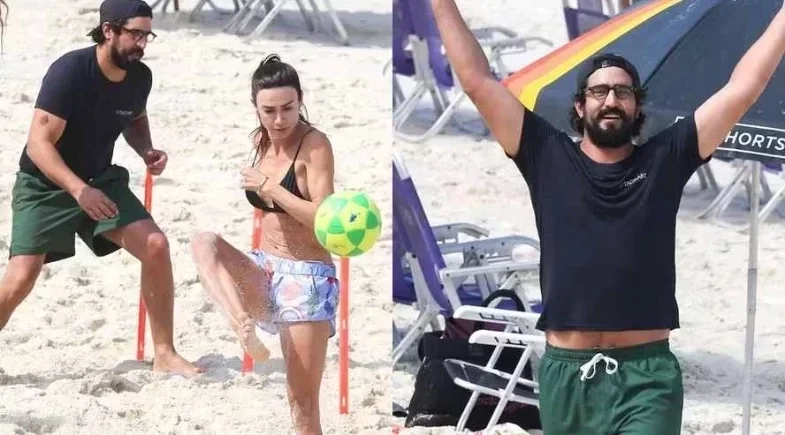 Thaila Ayala e Renato Góes treinam futevôlei na Barra da Tijuca