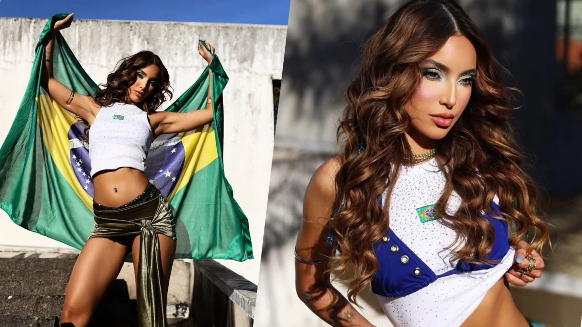 Vanessa Lopes: minissaia dourada e biquíni azul agitam web